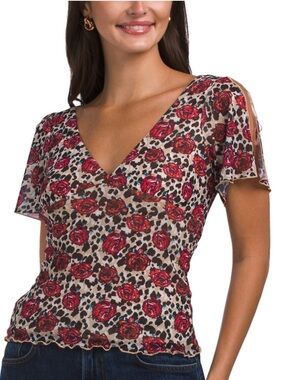 NWT Luv Betsey by Betsey Johnson Mesh Floral Cheetah Printed Top Sz XS